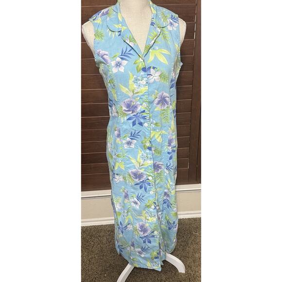 Erika Vintage Maxi Dress Size M Tropical Hawaiian Floral Sleeveless Blue 90s - Picture 1 of 9